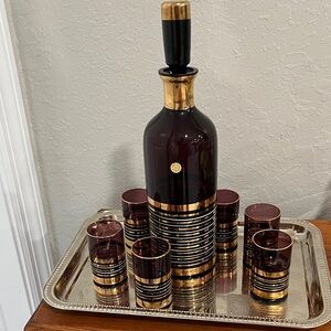 Czech 1962 MCAmethyst Cordial Decanter w 6 Glasses Gold Accents Original Tag